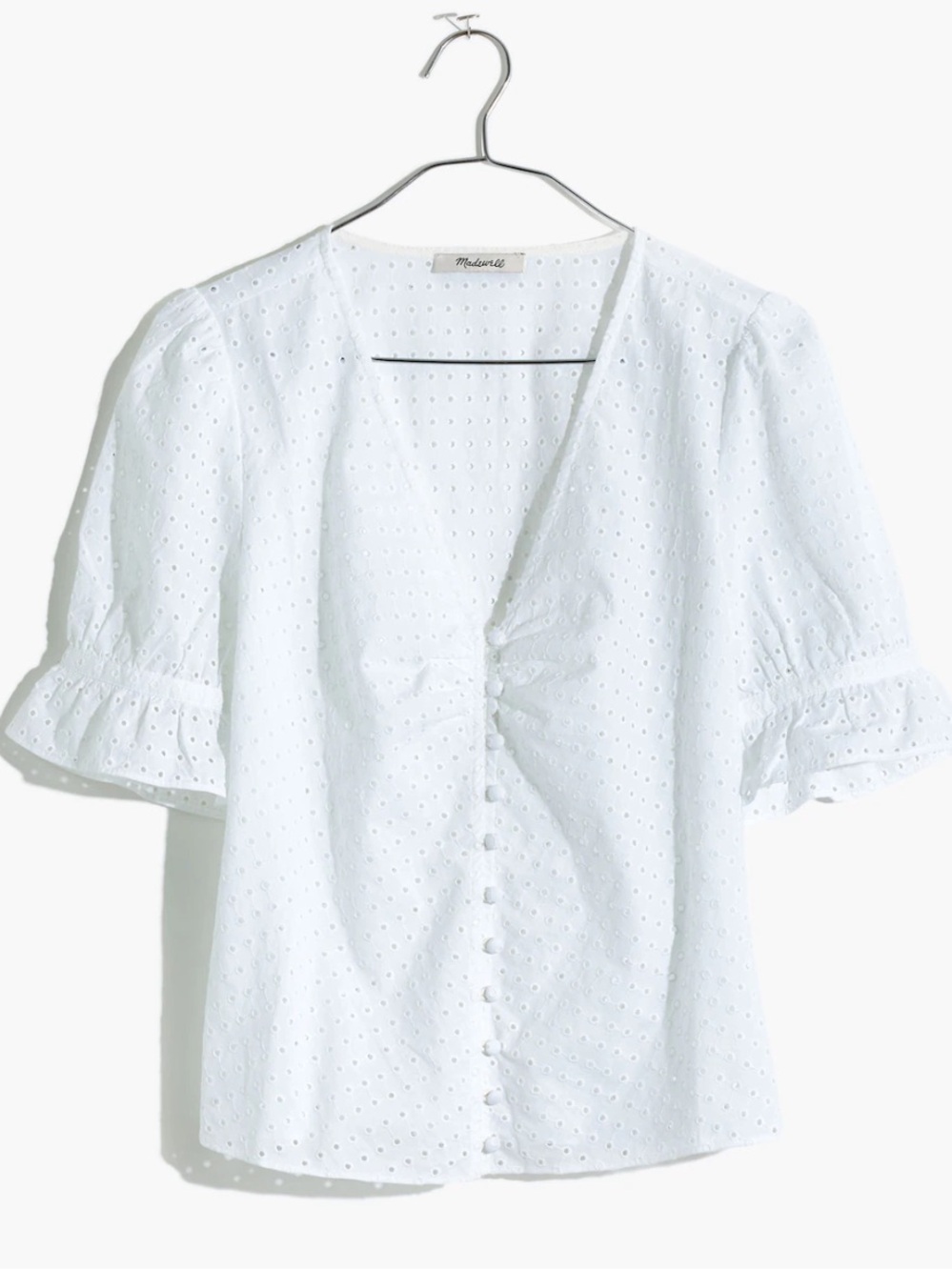 Madewell Eyelit ‘Daylight’ white cotton short sleeve button up blouse Size 8 NWT